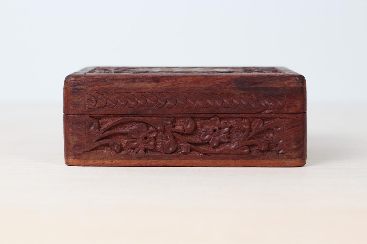 Vintage Carved Rosewood Trinket Box with Floral Inlay