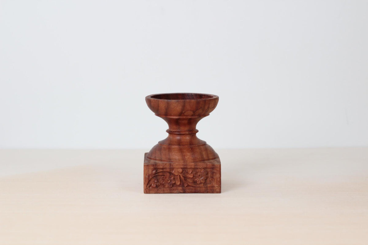 Vintage Hand-Carved Rosewood Pillar Candle Holder, Made in India