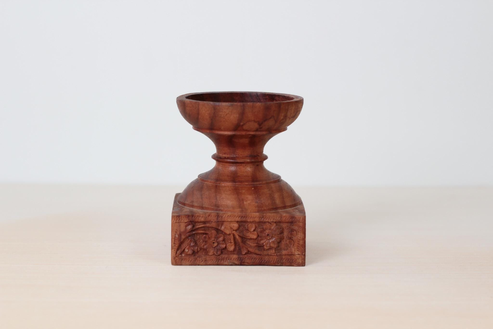 Vintage Hand-Carved Rosewood Pillar Candle Holder, Made in India