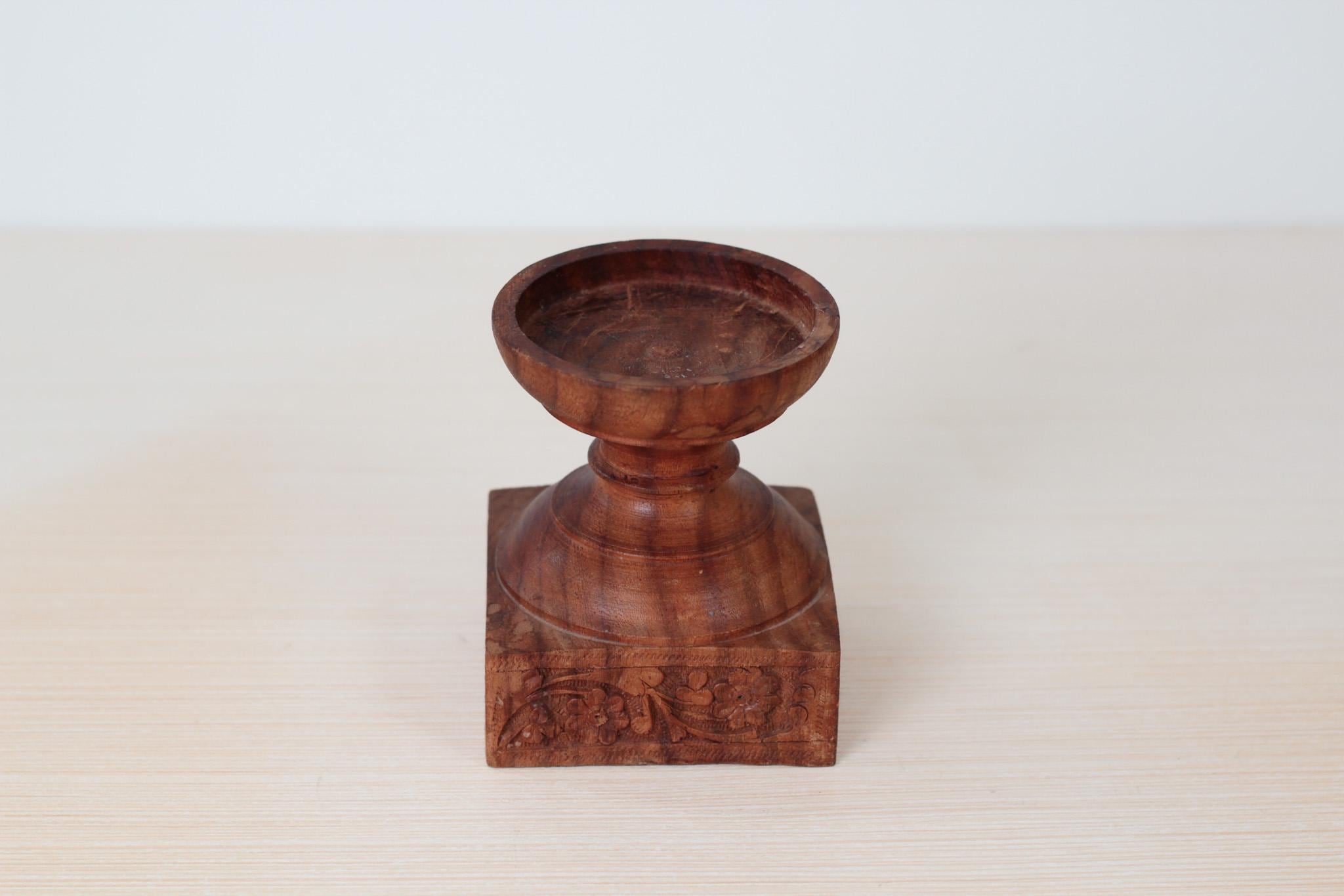 Vintage Hand-Carved Rosewood Pillar Candle Holder, Made in India