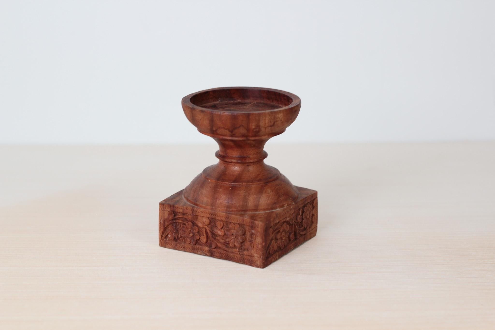 Vintage Hand-Carved Rosewood Pillar Candle Holder, Made in India