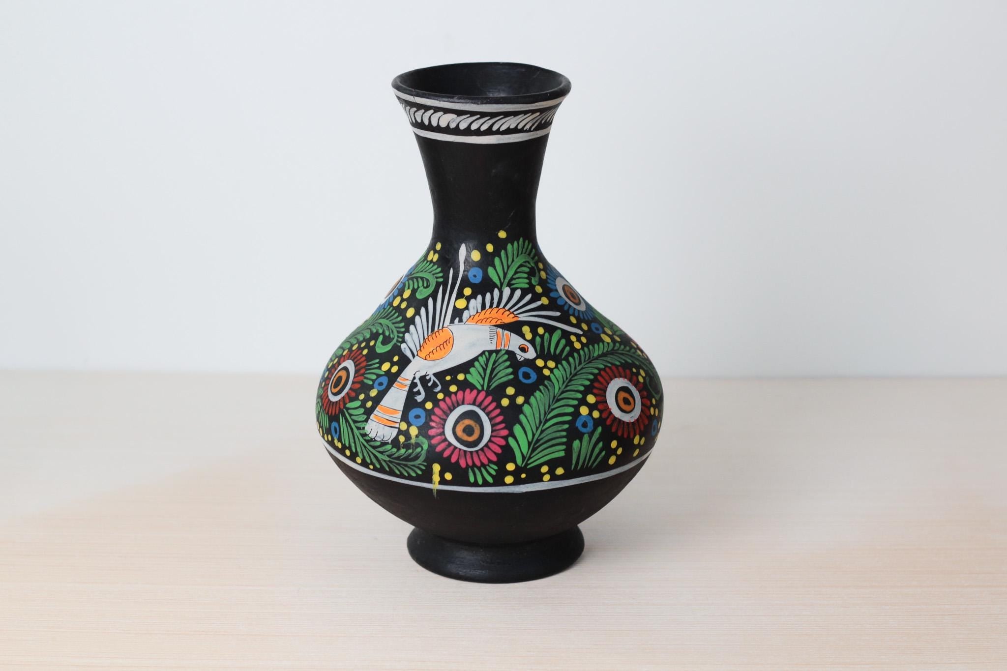 Vintage Large Hand-Painted Mexican Ceramic Vase with Bird and Floral Motifs