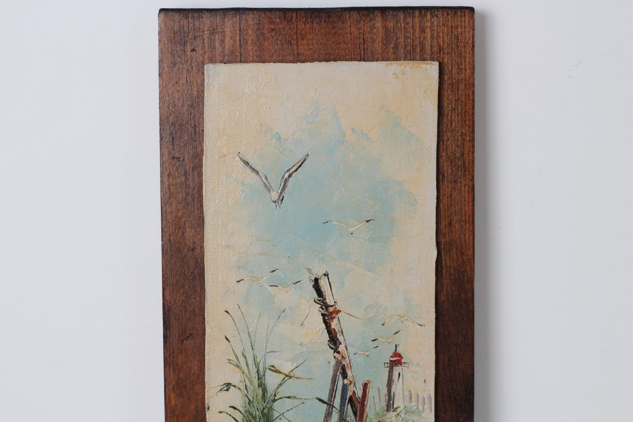 Vintage Coastal Seascape Painting on Wood, Signed by Artist