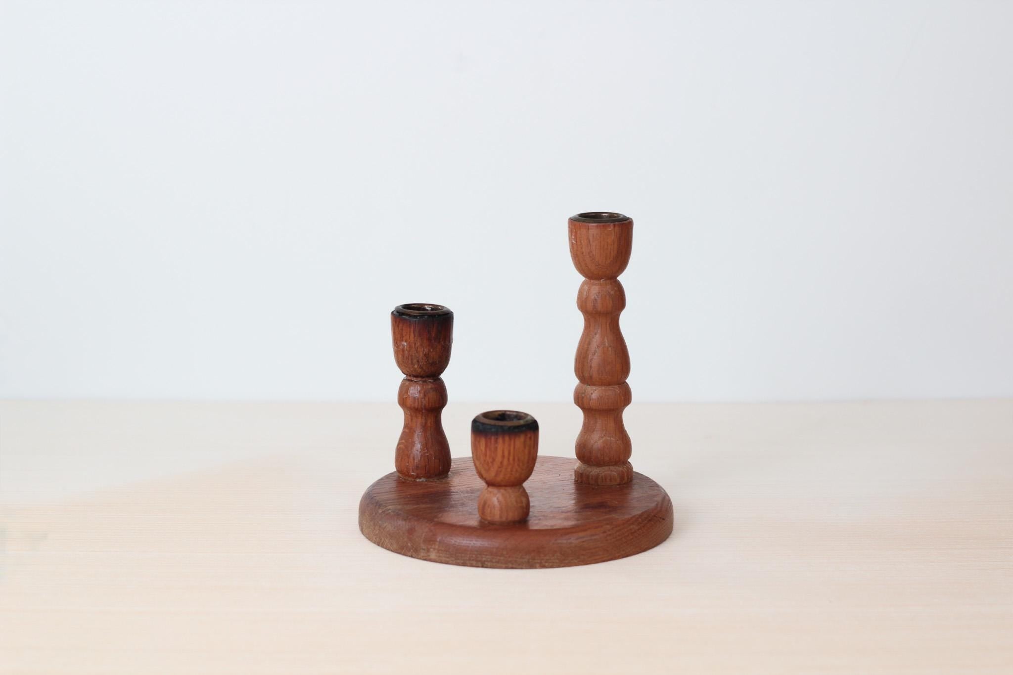 Vintage Wooden Triple Candle Holder Centerpiece with Brass Inserts, Mid-Century Decor