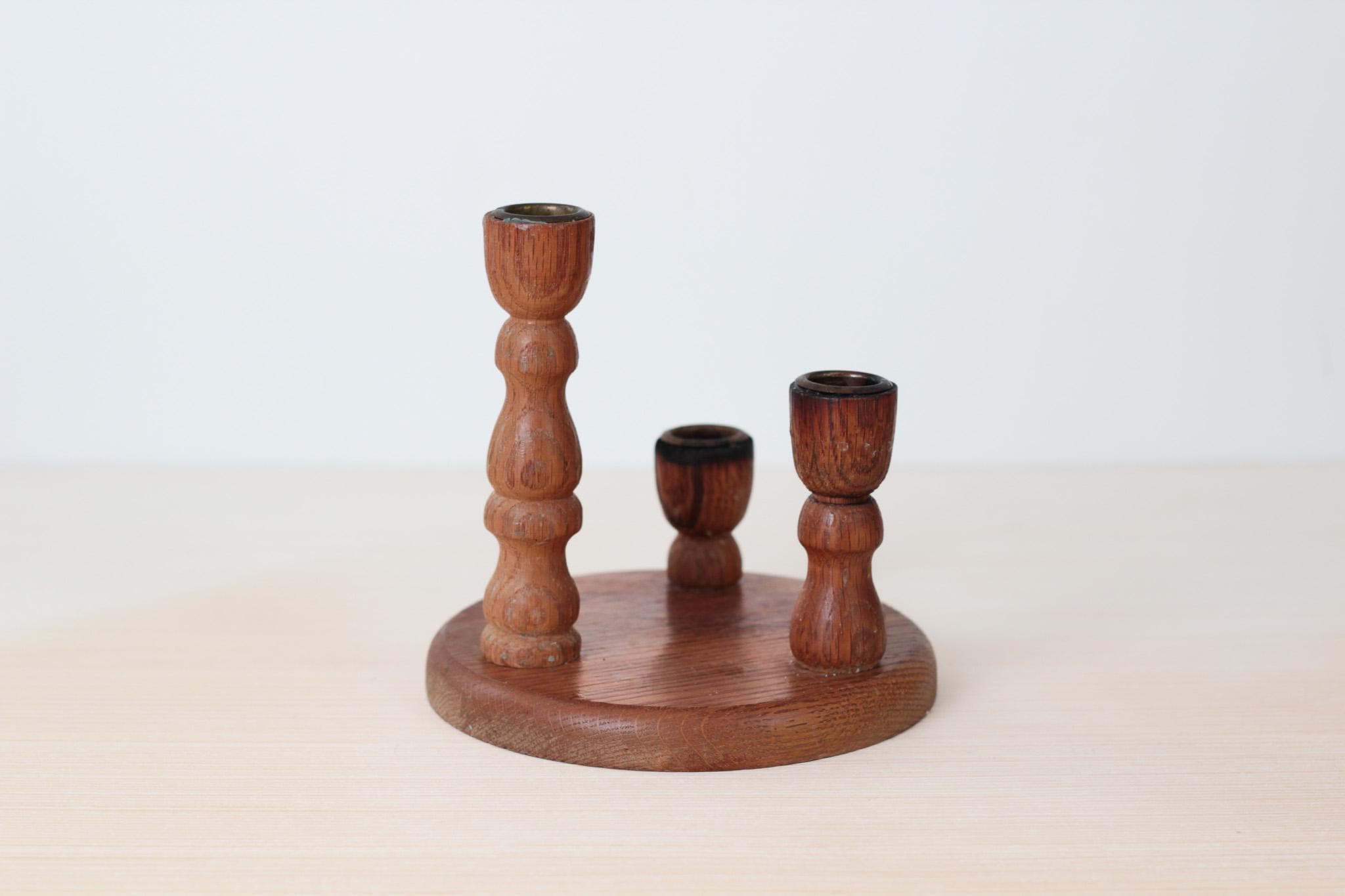Vintage Wooden Triple Candle Holder Centerpiece with Brass Inserts, Mid-Century Decor