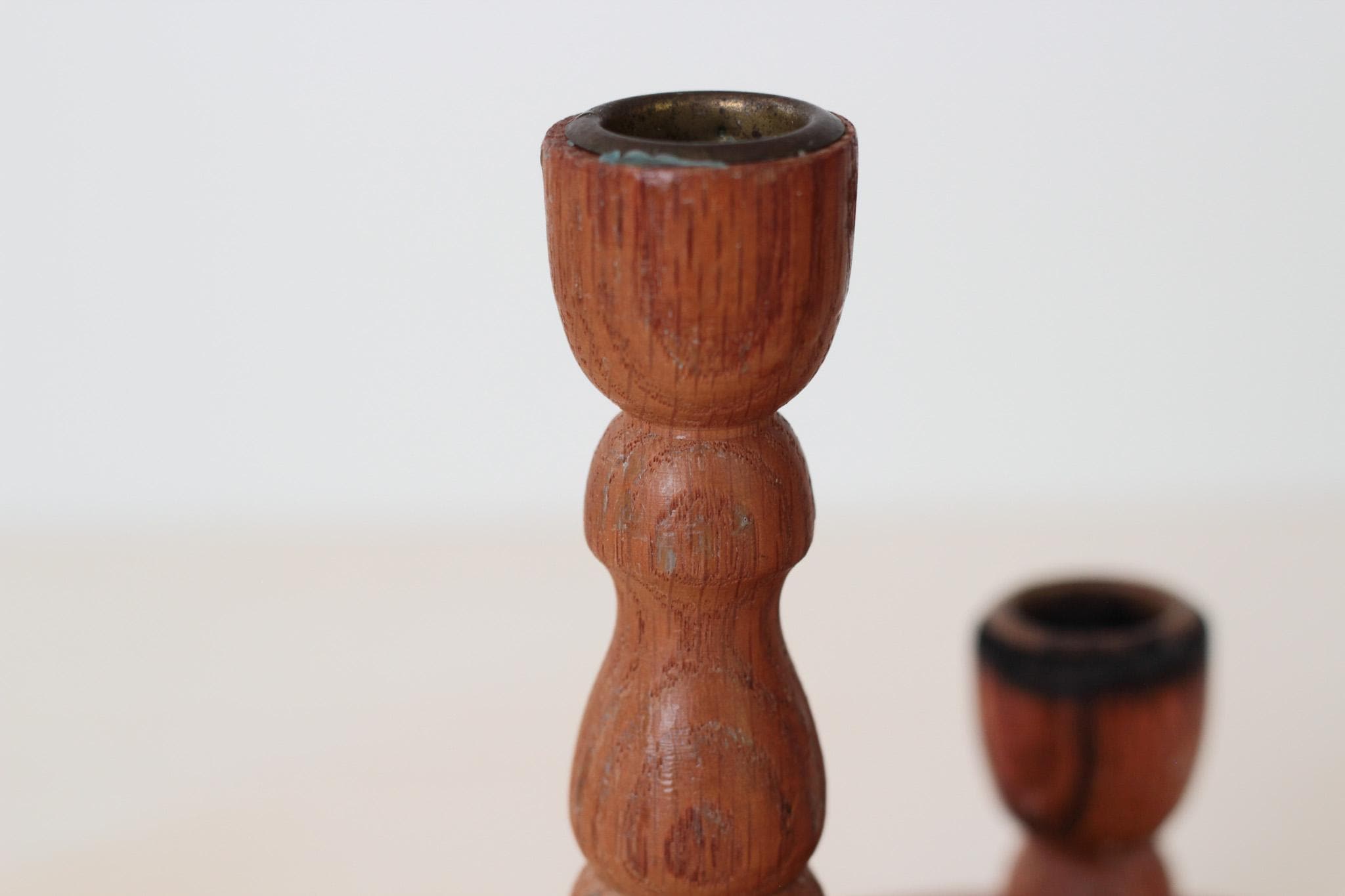 Vintage Wooden Triple Candle Holder Centerpiece with Brass Inserts, Mid-Century Decor