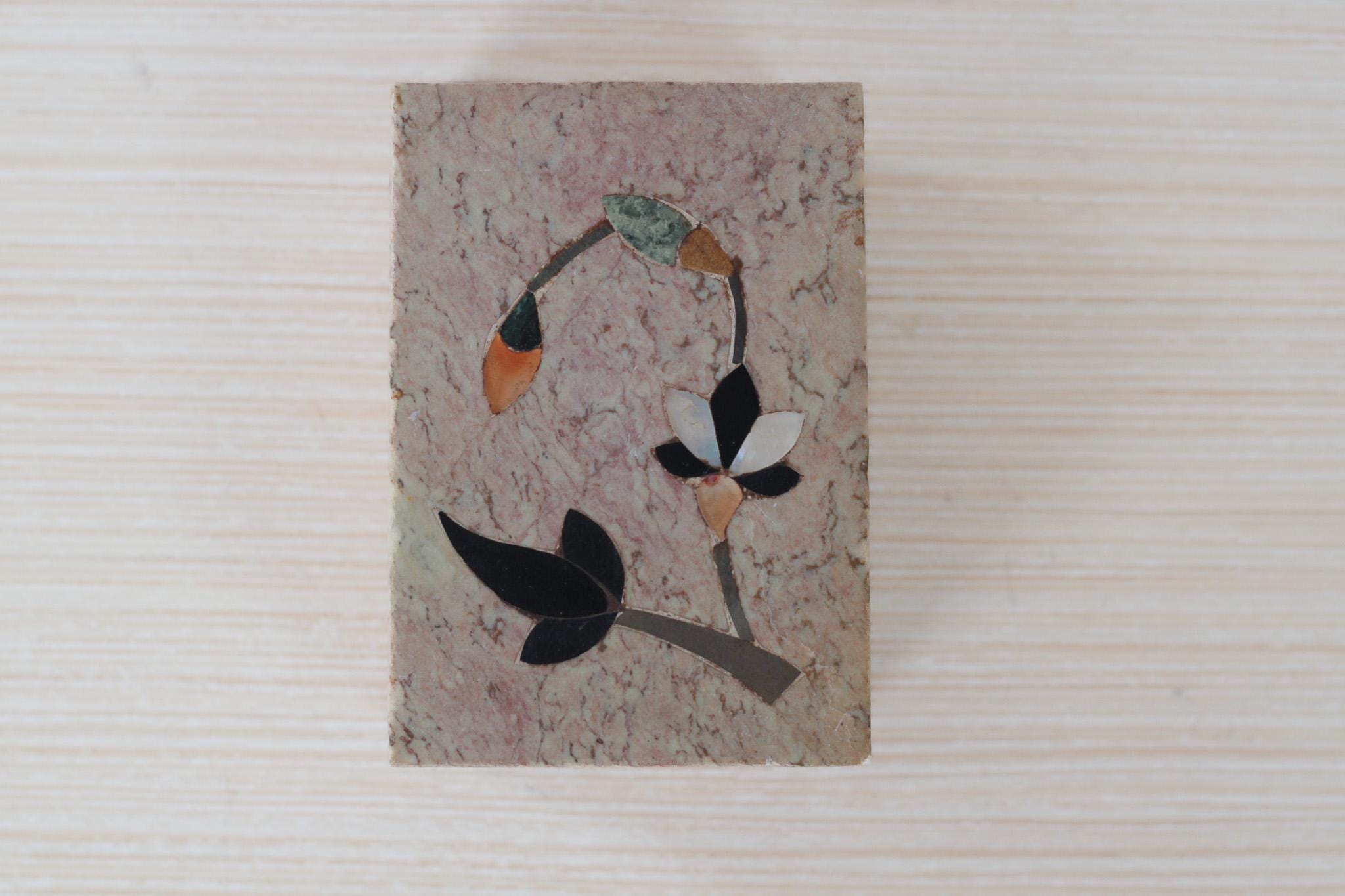 Vintage Floral Inlay Soapstone Lidded Trinket Box, Made in India