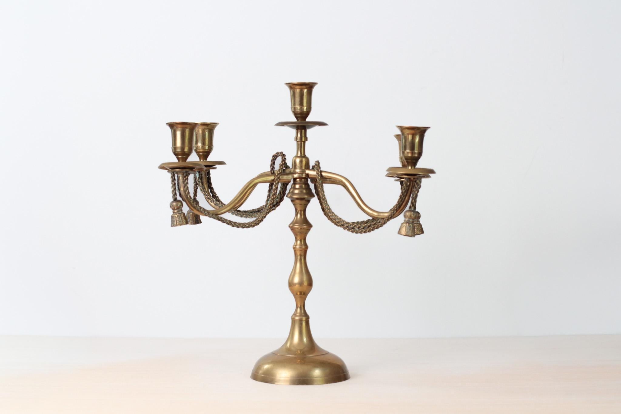 Vintage Brass 5-Arm Candelabra with Rope and Tassel Detail, Tapered-Candle Holder