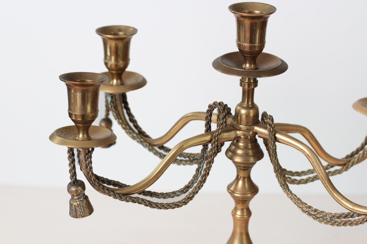 Vintage Brass 5-Arm Candelabra with Rope and Tassel Detail, Tapered-Candle Holder