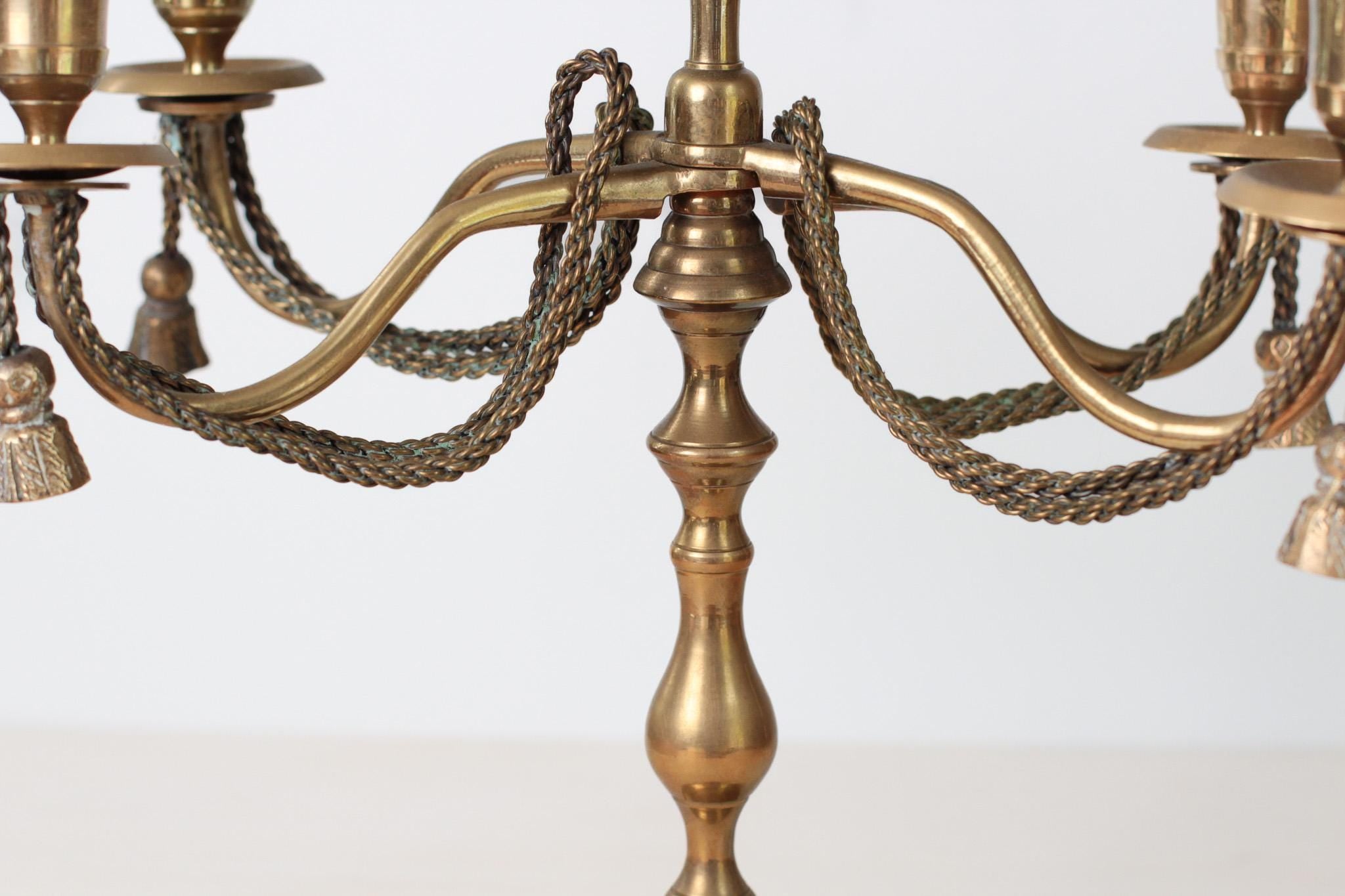 Vintage Brass 5-Arm Candelabra with Rope and Tassel Detail, Tapered-Candle Holder