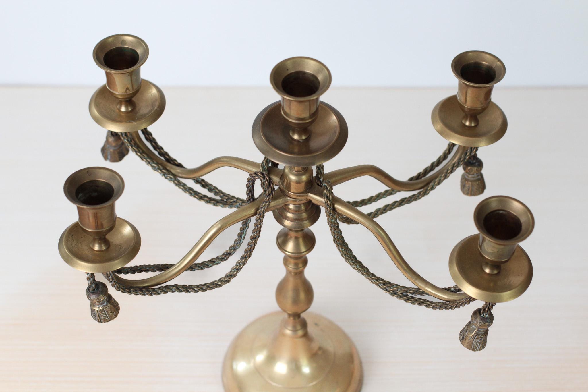 Vintage Brass 5-Arm Candelabra with Rope and Tassel Detail, Tapered-Candle Holder