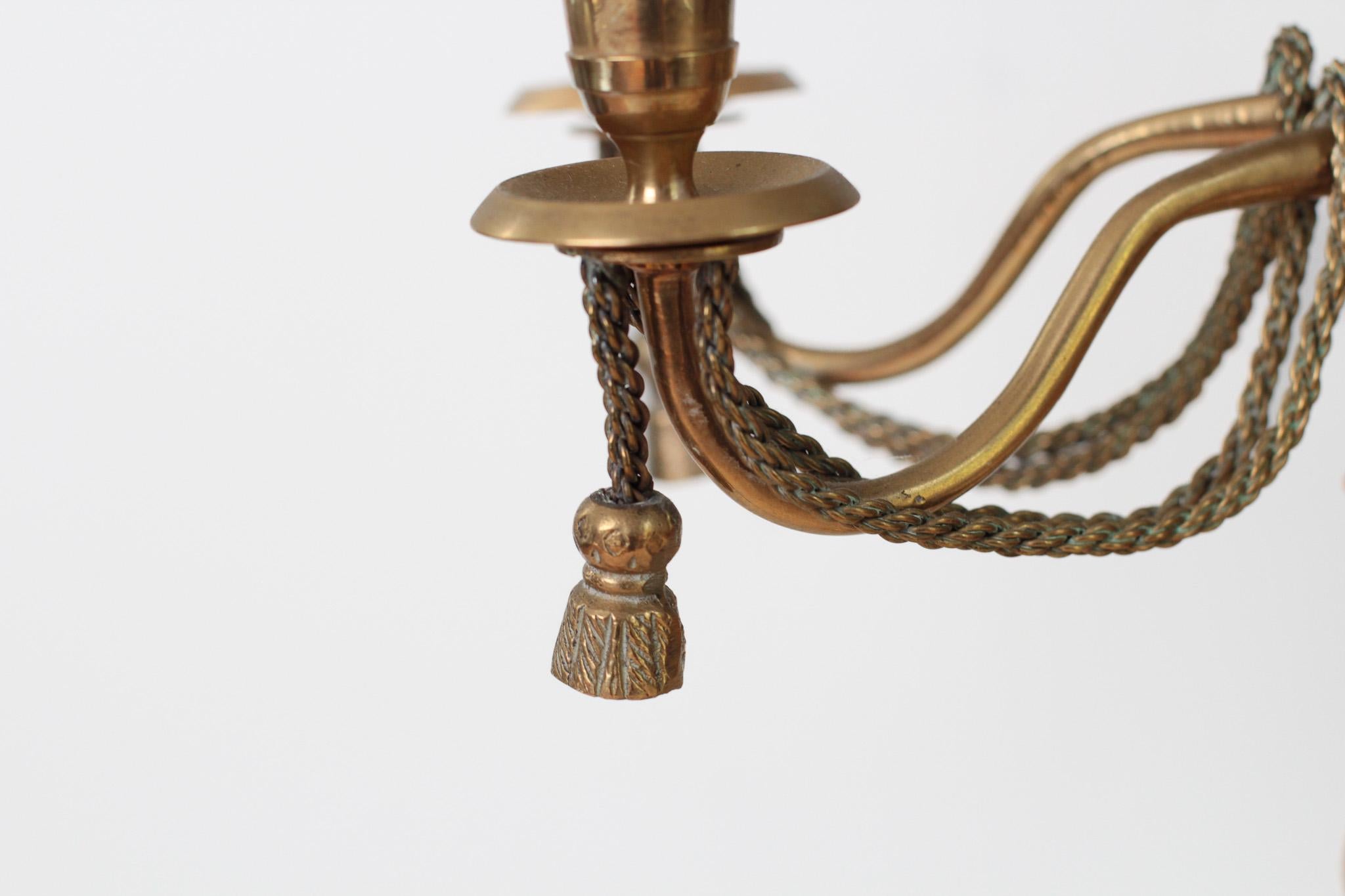 Vintage Brass 5-Arm Candelabra with Rope and Tassel Detail, Tapered-Candle Holder