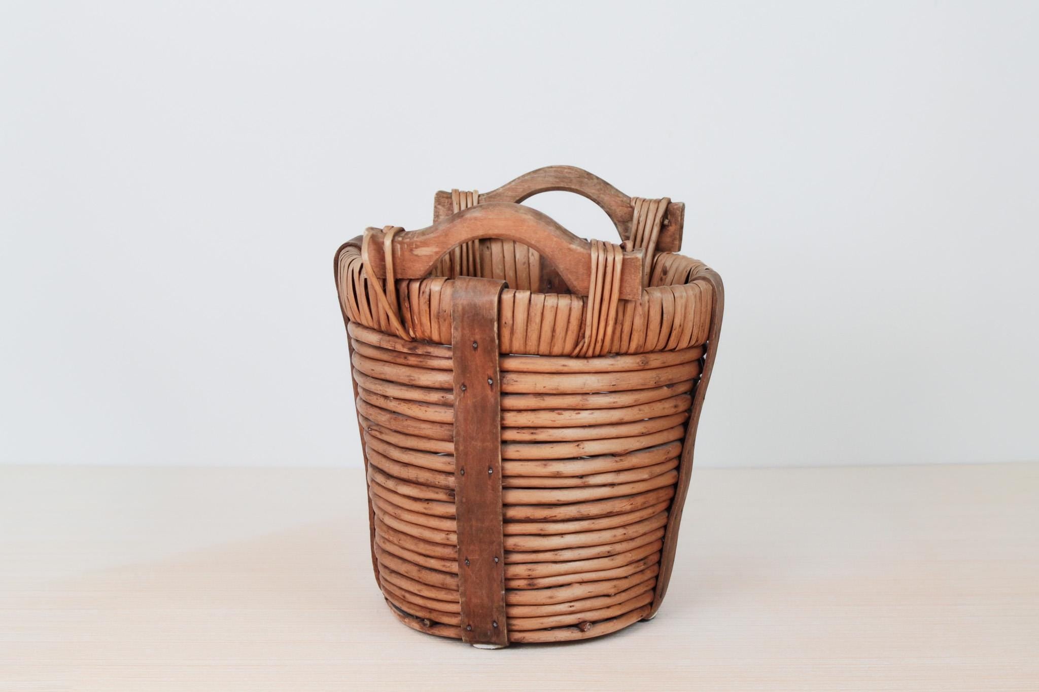 Vintage Woven Harvest Basket with Wooden Handles