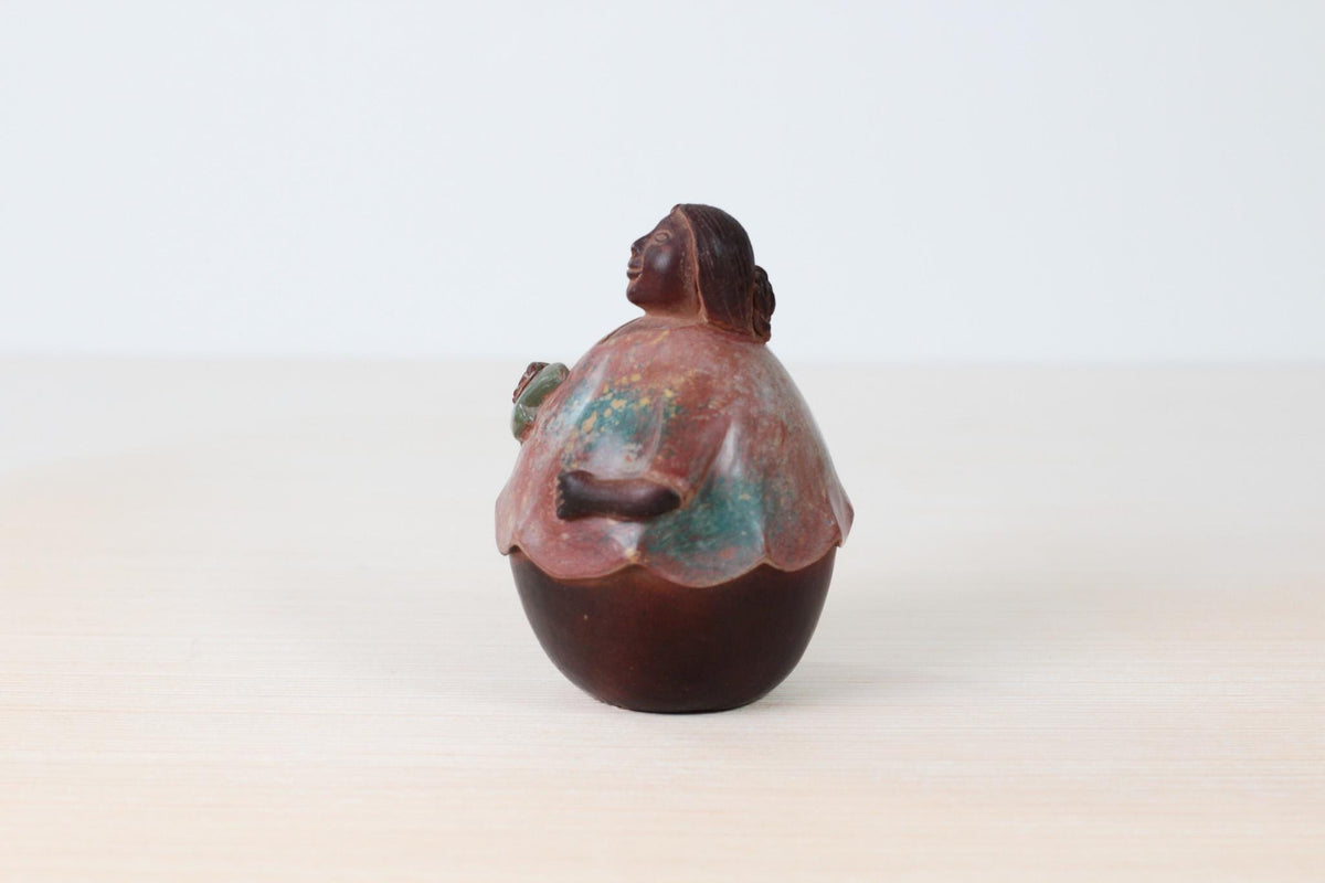 Vintage Chulucanas Pottery Figure by Manuel Adanaque, Peruvian Folk Art Woman with Fish