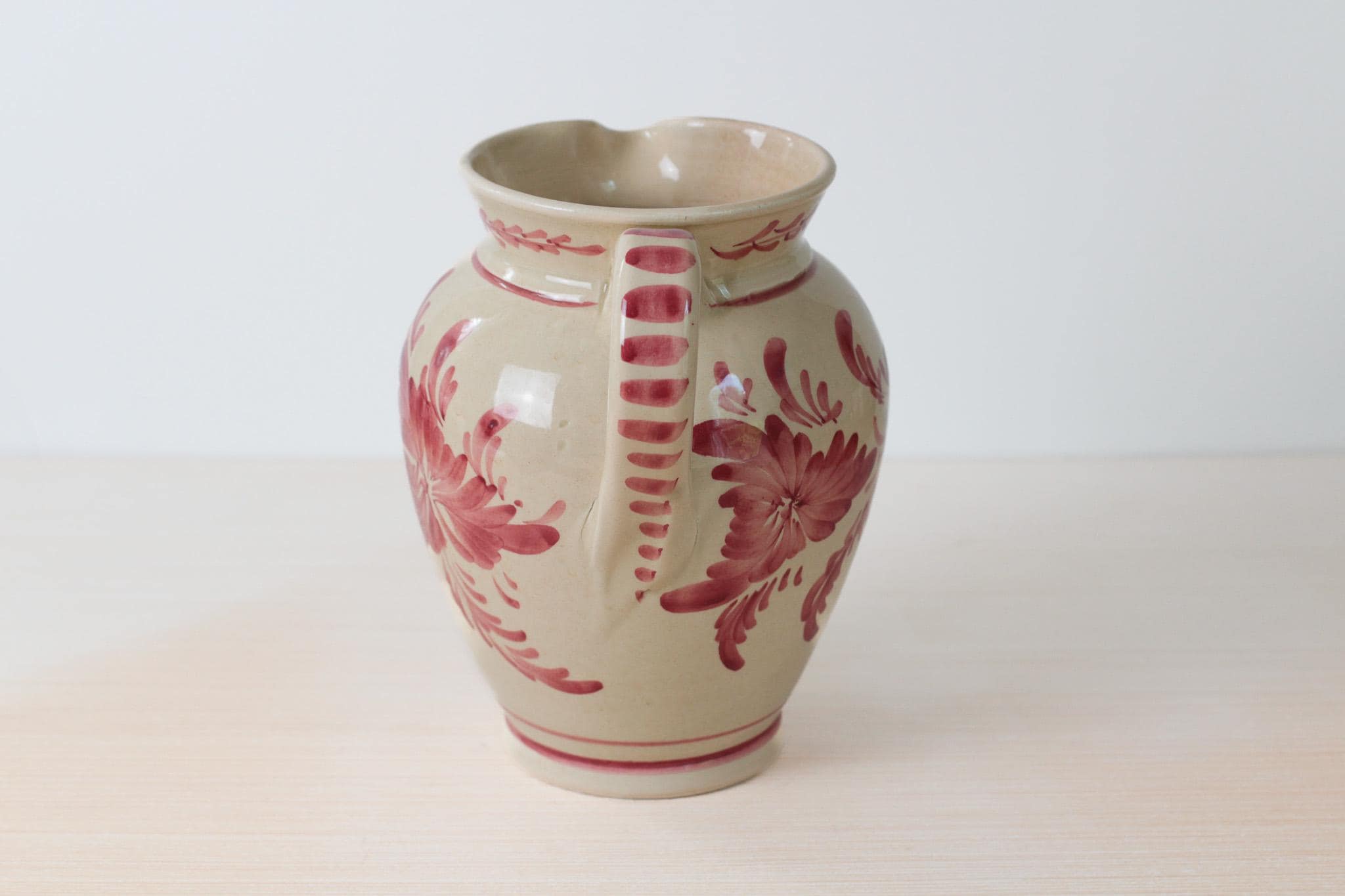 Vintage Hand Painted Greek Pottery Pitcher, Red Floral and Rooster Motif