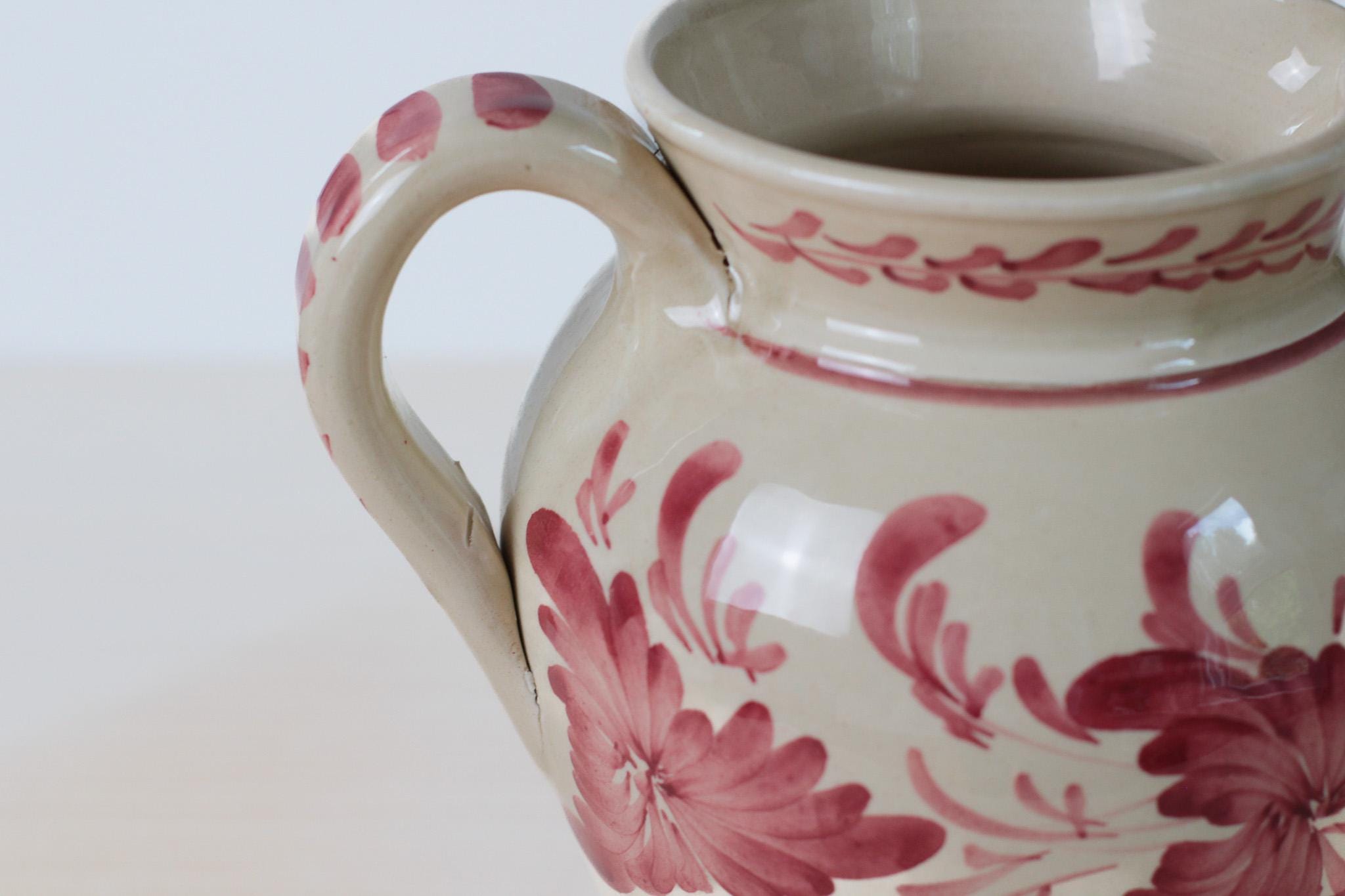 Vintage Hand Painted Greek Pottery Pitcher, Red Floral and Rooster Motif