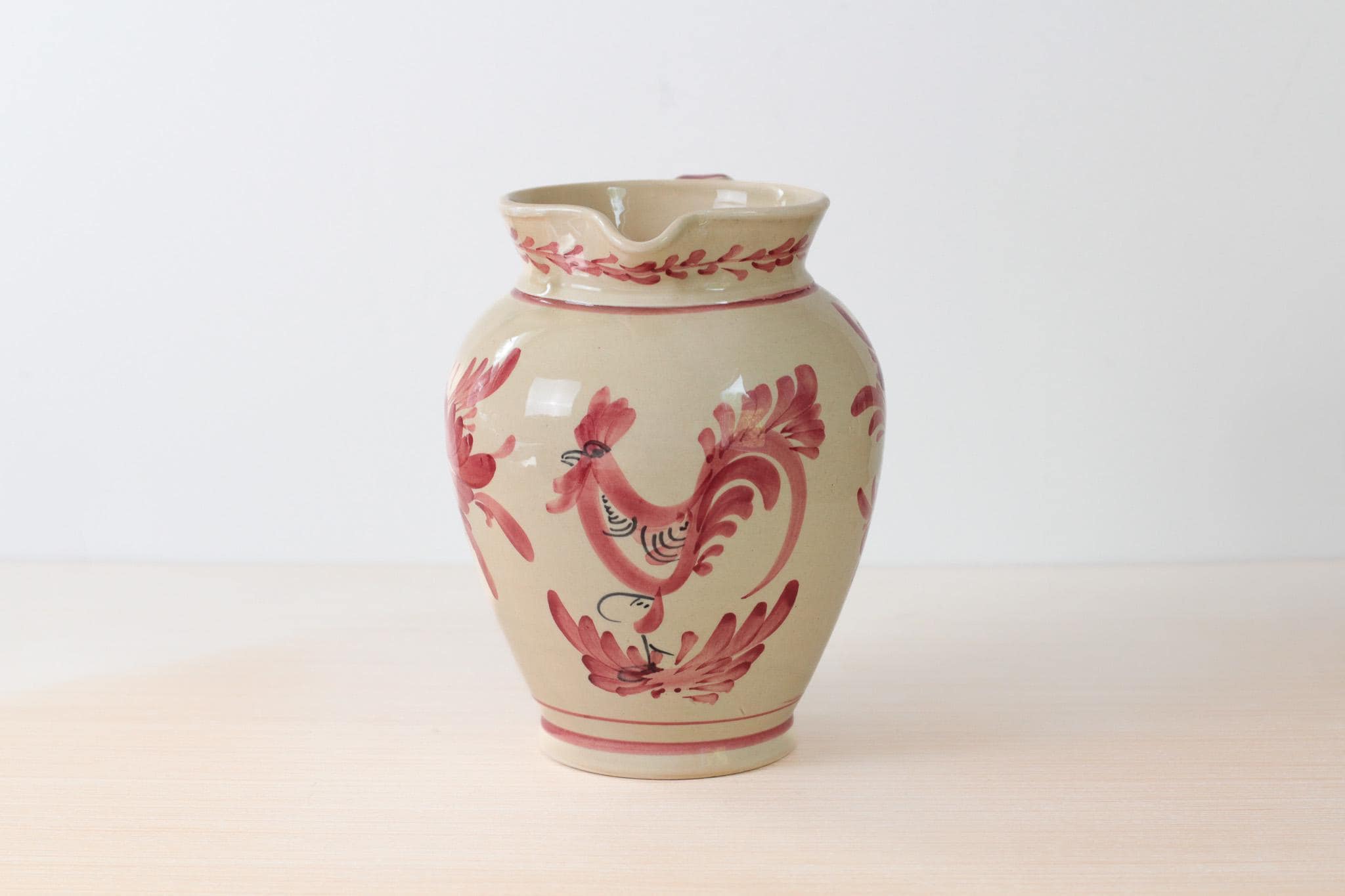 Vintage Hand Painted Greek Pottery Pitcher, Red Floral and Rooster Motif
