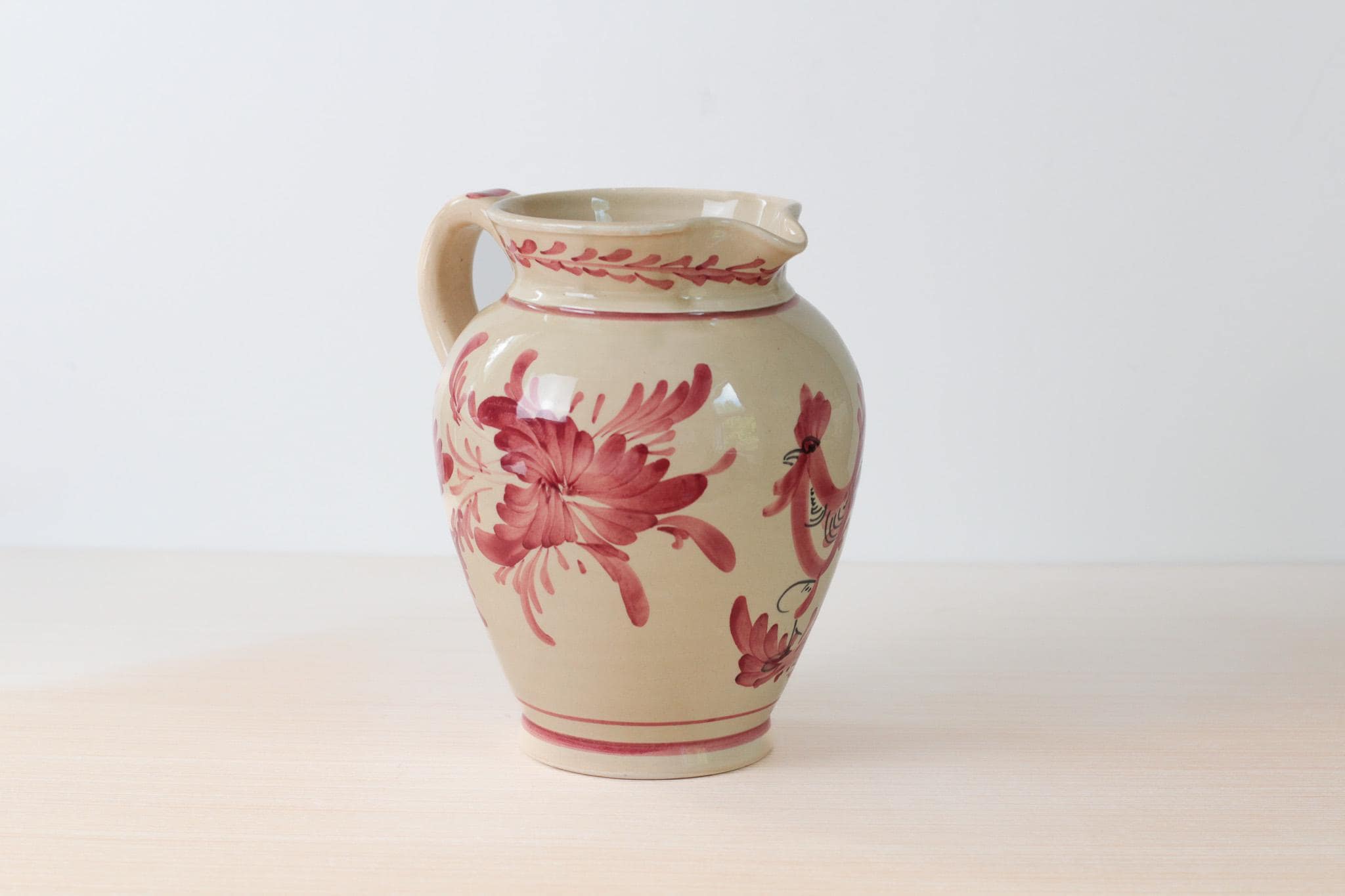 Vintage Hand Painted Greek Pottery Pitcher, Red Floral and Rooster Motif