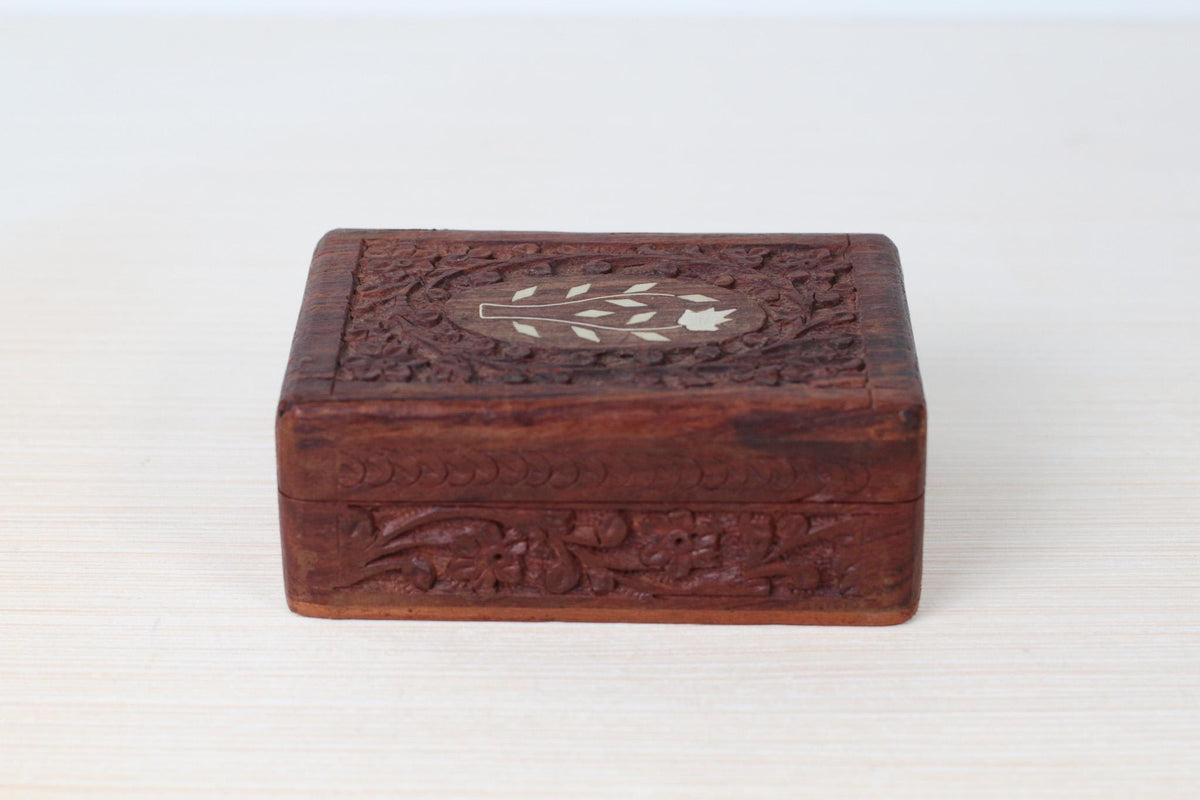 Vintage Carved Rosewood Trinket Box with Floral Inlay