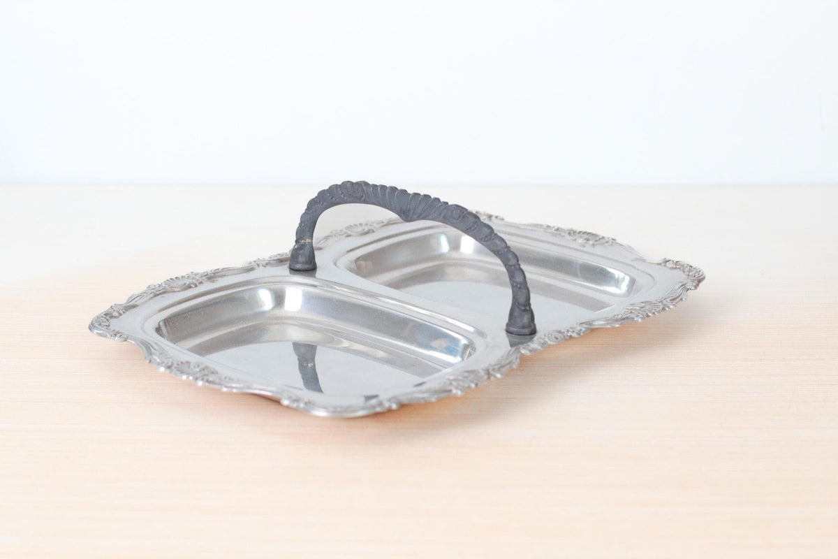 Vintage Silverplate Divided Serving Tray With Ornate Seashell Motif | Mid-Century Victorian Revival