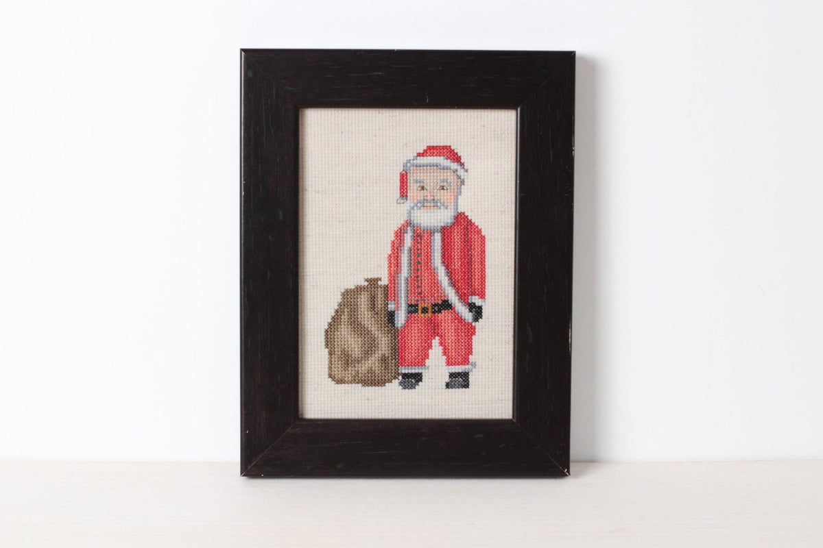 Vintage Santa Needlepoint in Black Wooden Frame, Handmade Christmas Wall Art