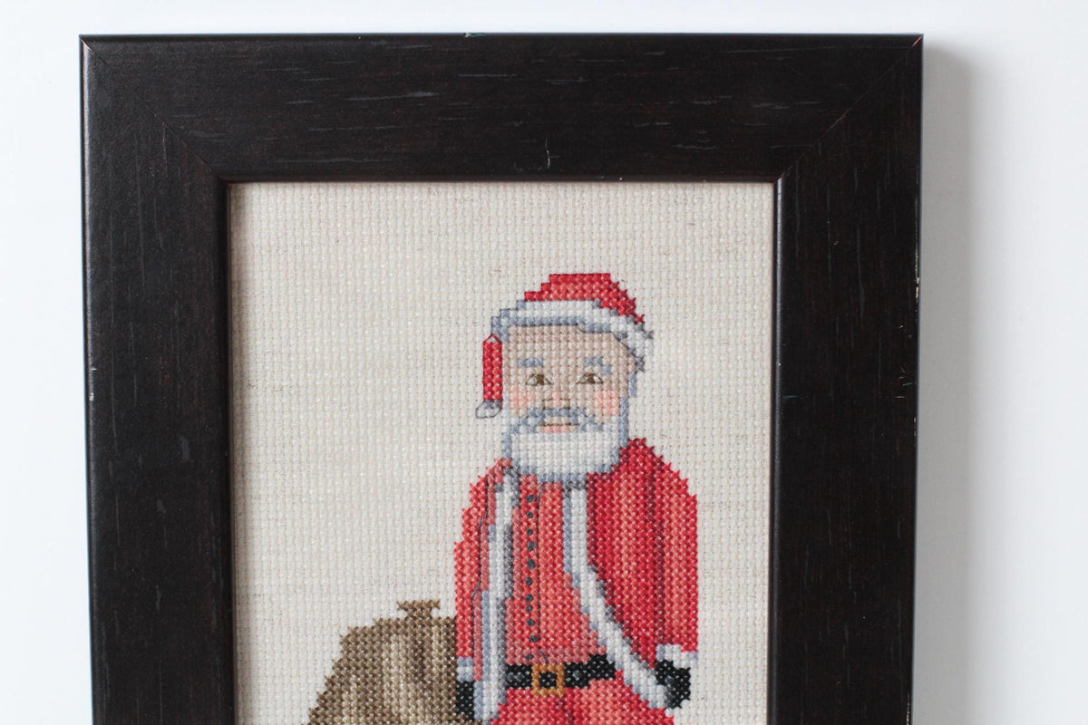 Vintage Santa Needlepoint in Black Wooden Frame, Handmade Christmas Wall Art