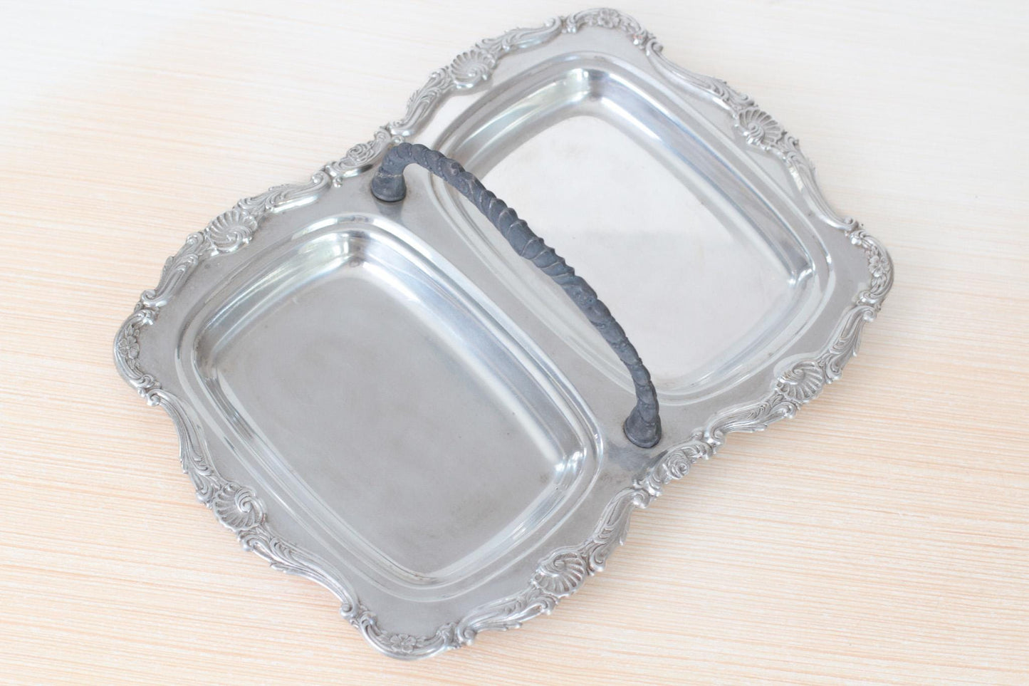 Vintage Silverplate Divided Serving Tray With Ornate Seashell Motif | Mid-Century Victorian Revival