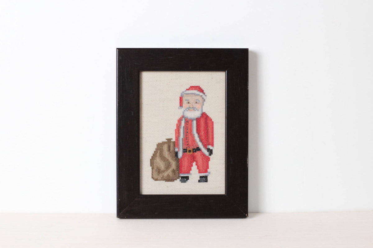 Vintage Santa Needlepoint in Black Wooden Frame, Handmade Christmas Wall Art