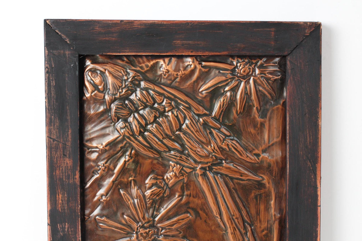 Vintage Parrot Copper Repousse Plaque in Rustic Wood Frame