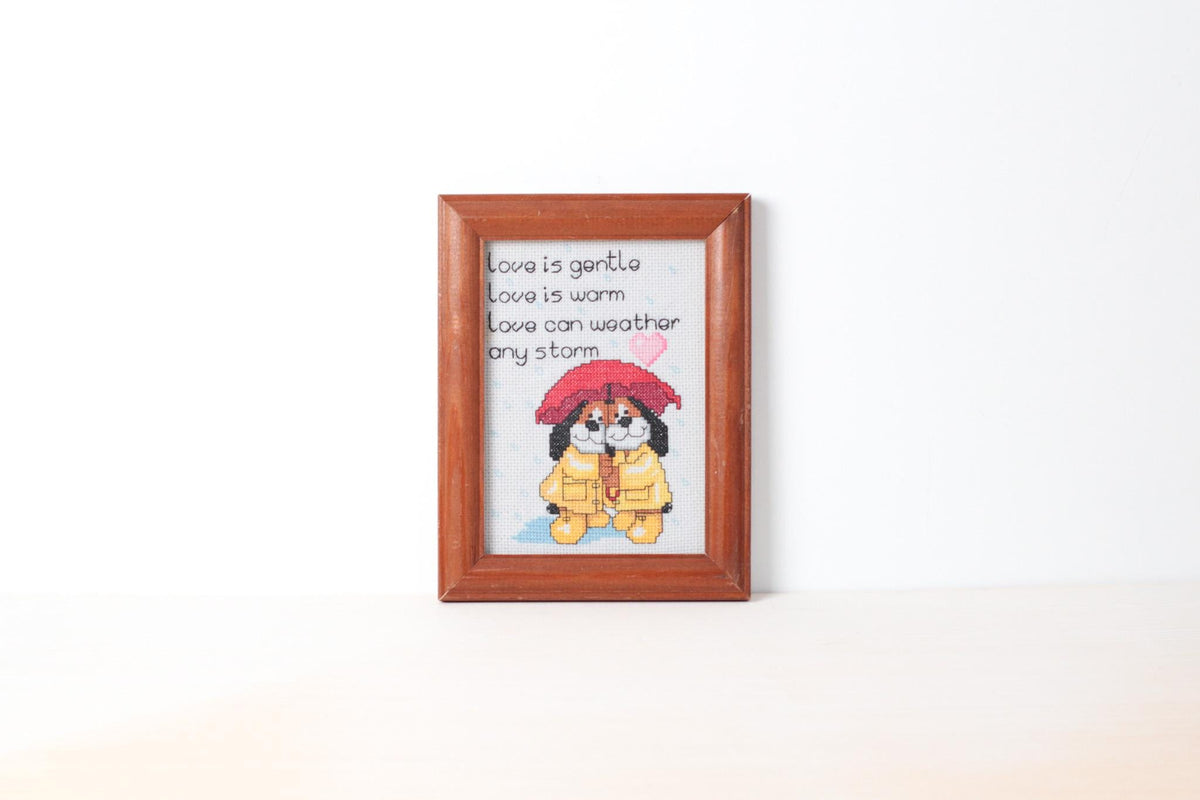 Vintage Framed Cross Stitch “Love Is Gentle” with Dogs Under Umbrella Heart