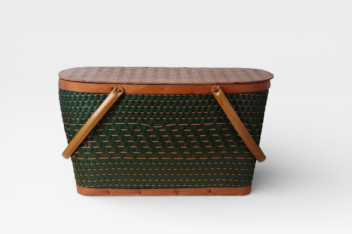 Vintage Green Woven Picnic Basket with Wood Lid & Metal Handles