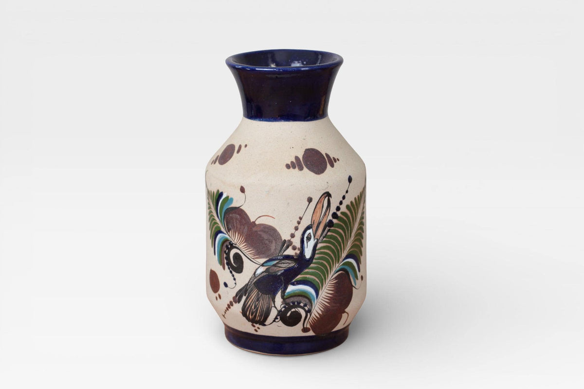 Vintage Hand-Painted Mexican Stoneware Vase with Toucan Motif | Latin American Folk Art