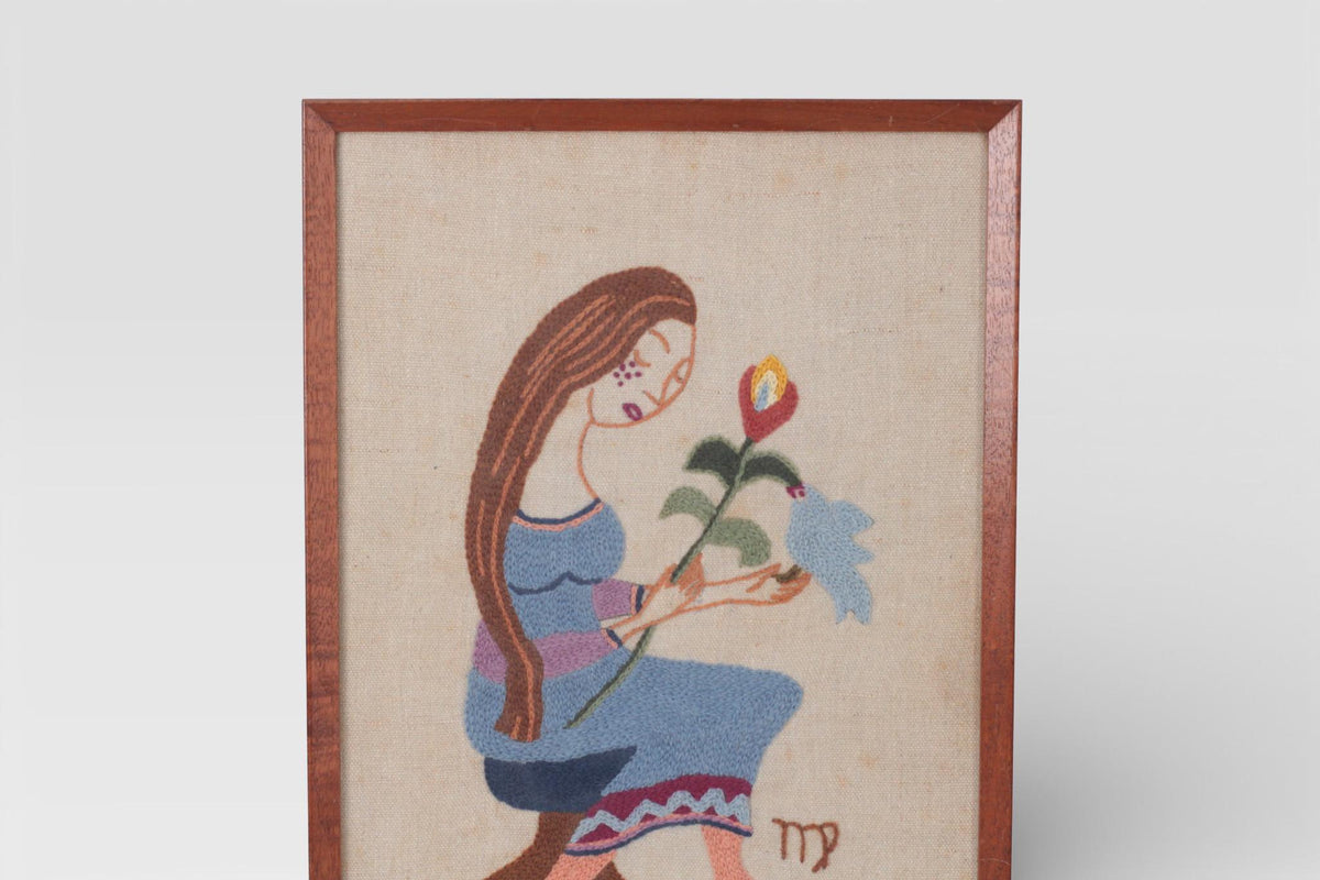 Vintage Framed Virgo Crewel Embroidery Wall Hanging