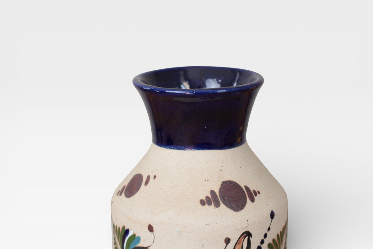 Vintage Hand-Painted Mexican Stoneware Vase with Toucan Motif | Latin American Folk Art