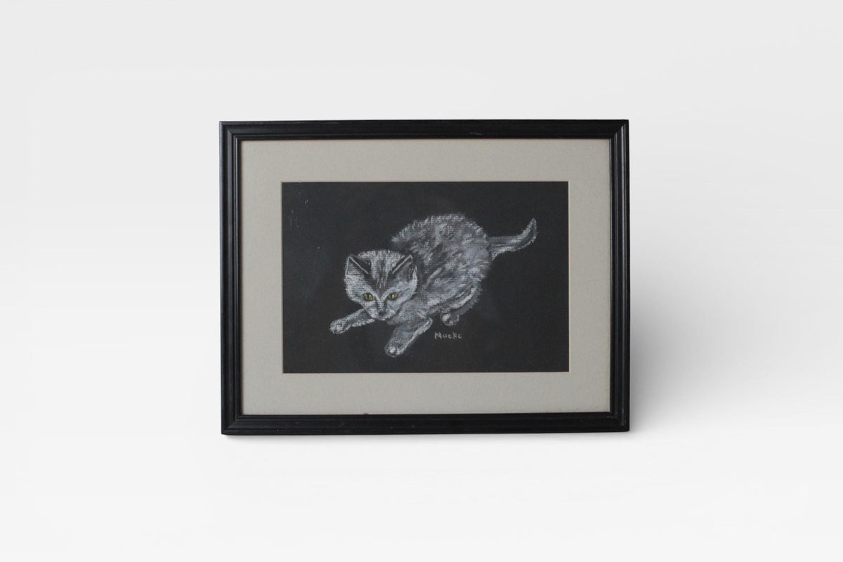 Vintage Framed Pastel Cat Drawing | Signed by Artist