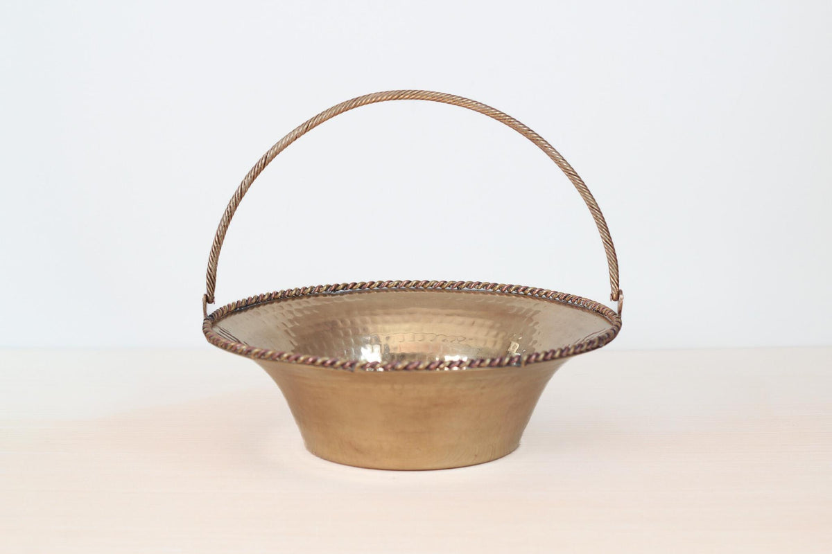 Vintage Large Hammered Brass Basket Bowl with Swing Handle