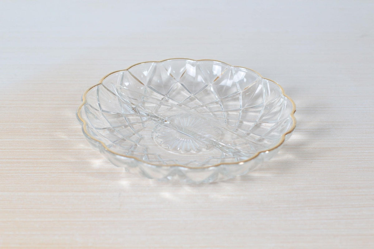 Vintage Pressed Glass Divided Dish with Gold Scalloped Edge