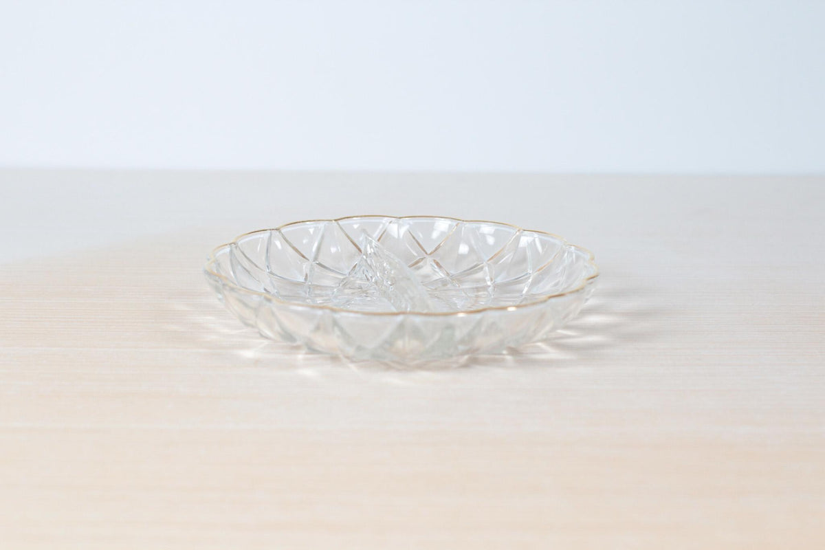 Vintage Pressed Glass Divided Dish with Gold Scalloped Edge