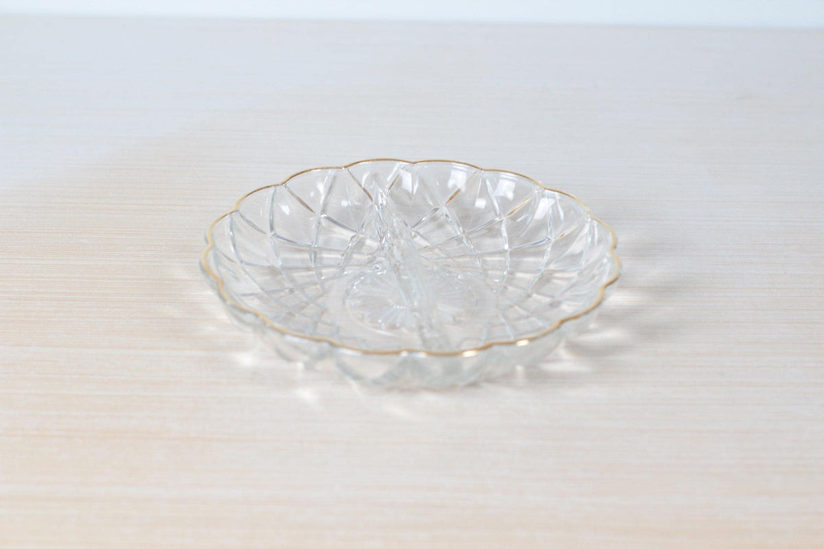 Vintage Pressed Glass Divided Dish with Gold Scalloped Edge