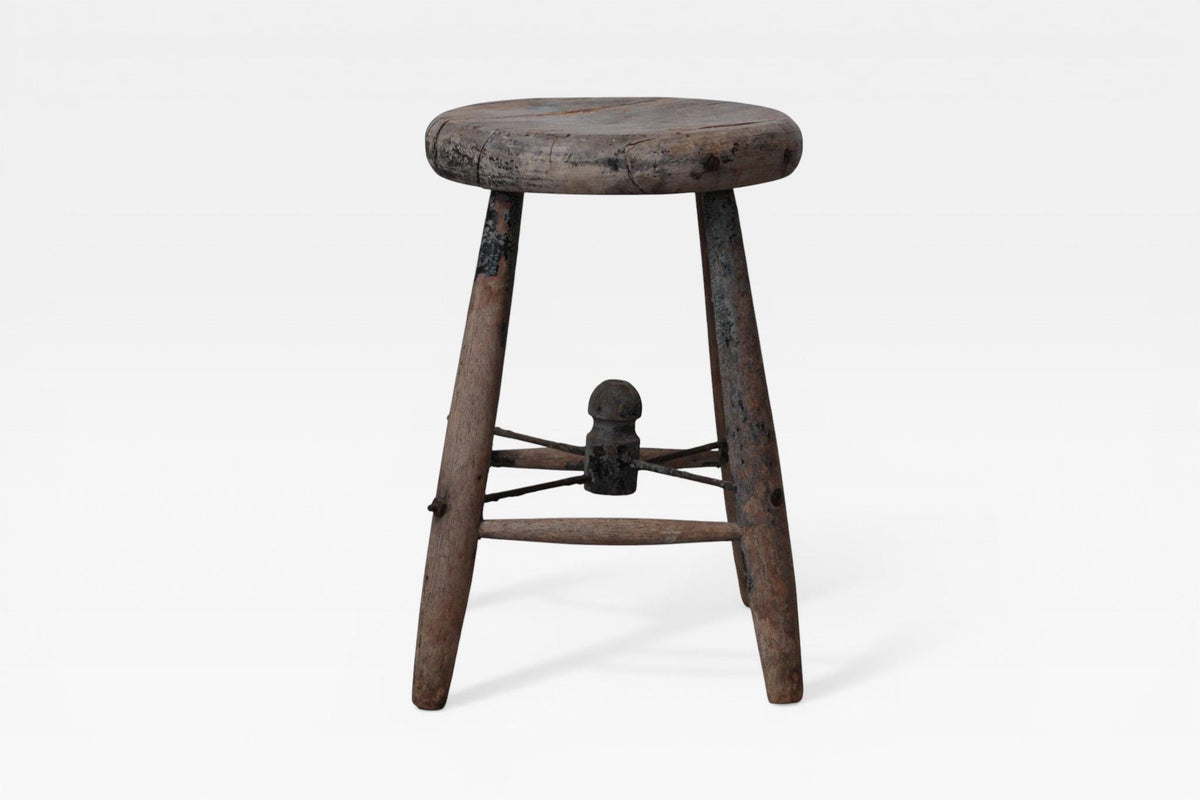 Antique 1920s Rustic Wooden Stool with Hat Rack