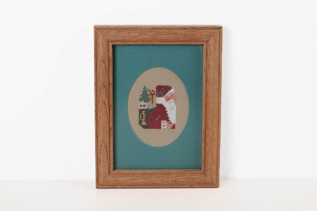 Vintage Framed Santa Needlepoint | Christmas Wall Art