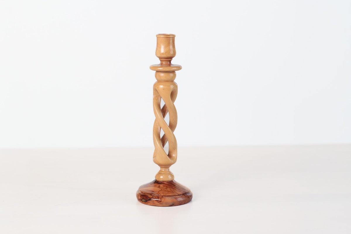 Vintage Handcarved Olive Wood Spiral Candlestick