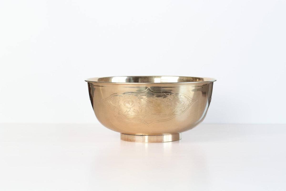 Large Vintage Brass Bowl with Etched Birds