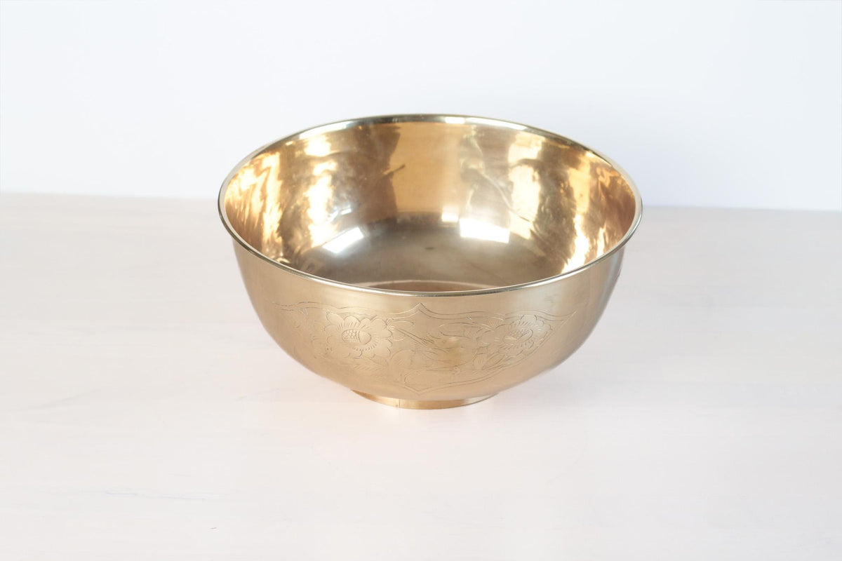 Large Vintage Brass Bowl with Etched Birds