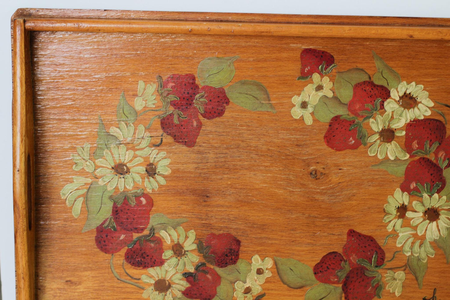 Vintage Hand-Painted Strawberry Wooden Tray | Signed and Dated 1974