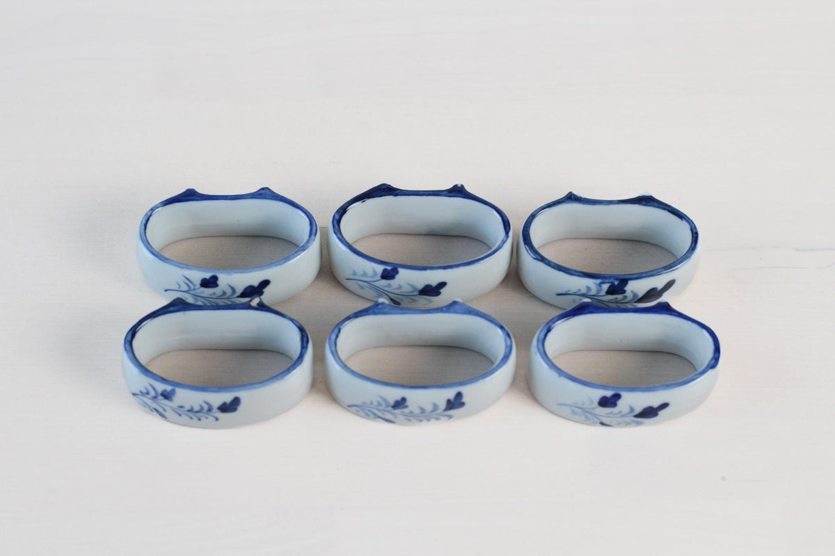 Vintage Hand-Painted Blue & White Ceramic Napkin Rings, Set of 6