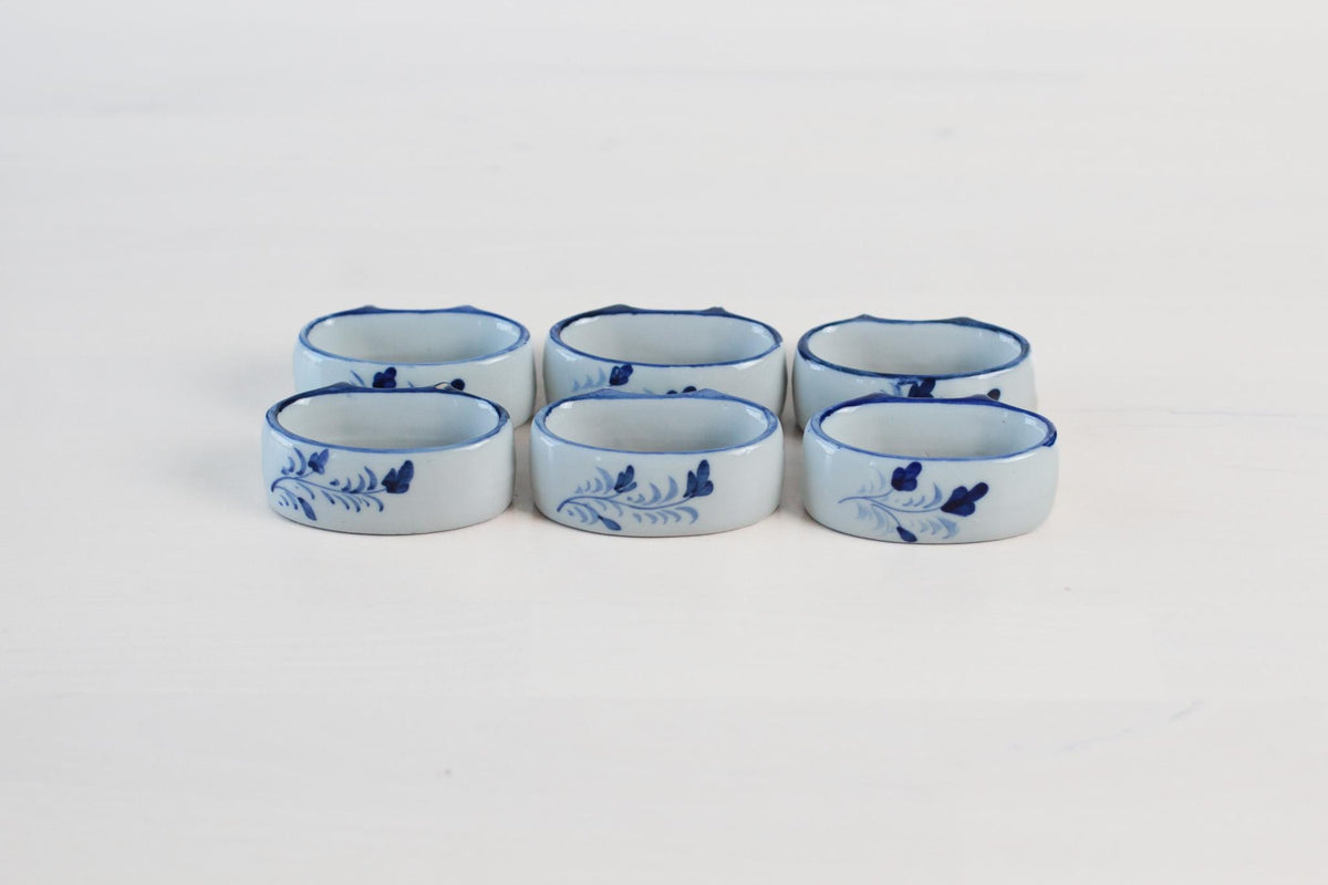 Vintage Hand-Painted Blue & White Ceramic Napkin Rings, Set of 6