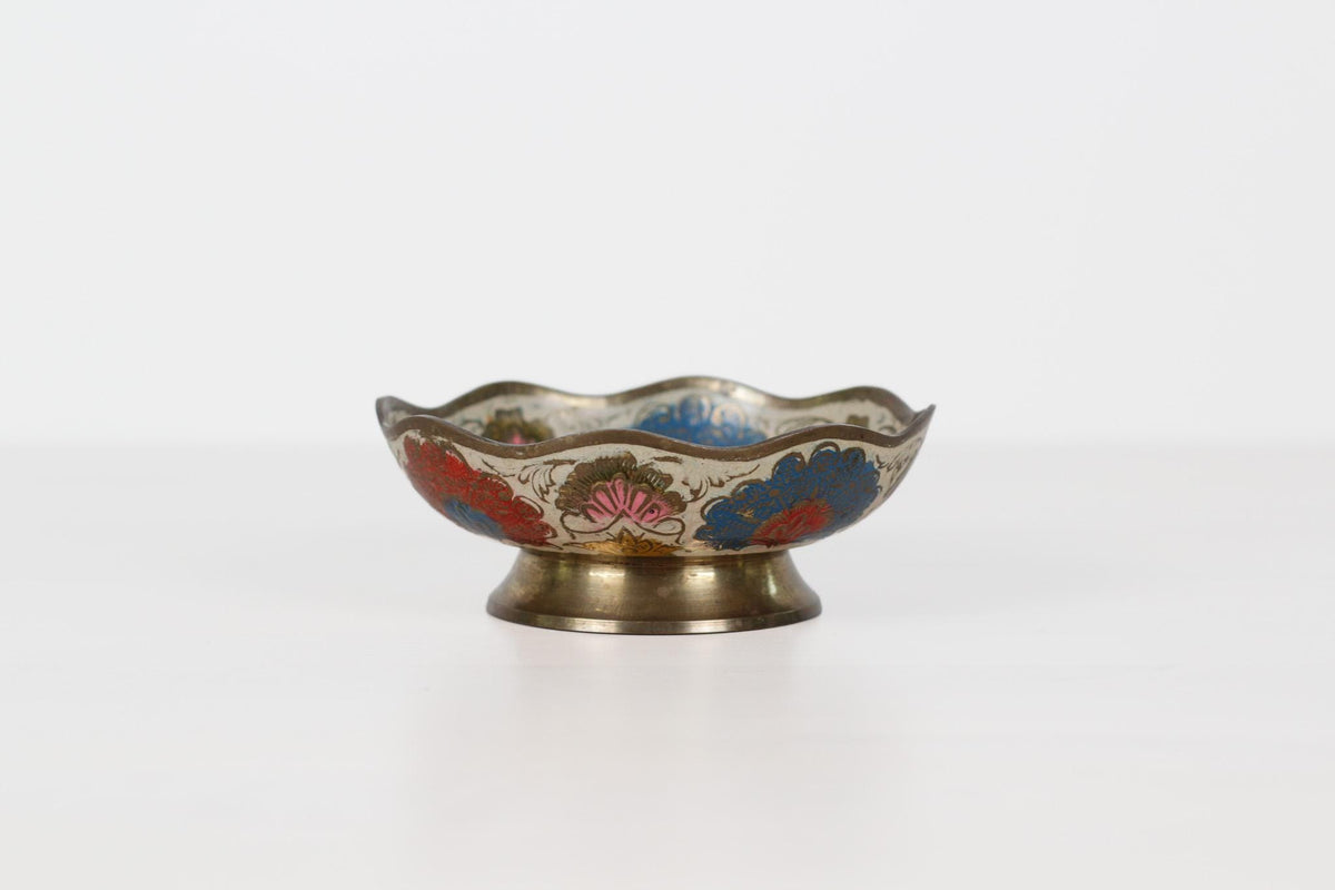Vintage Enameled Brass Pedestal Bowl with Hand Painted Florals