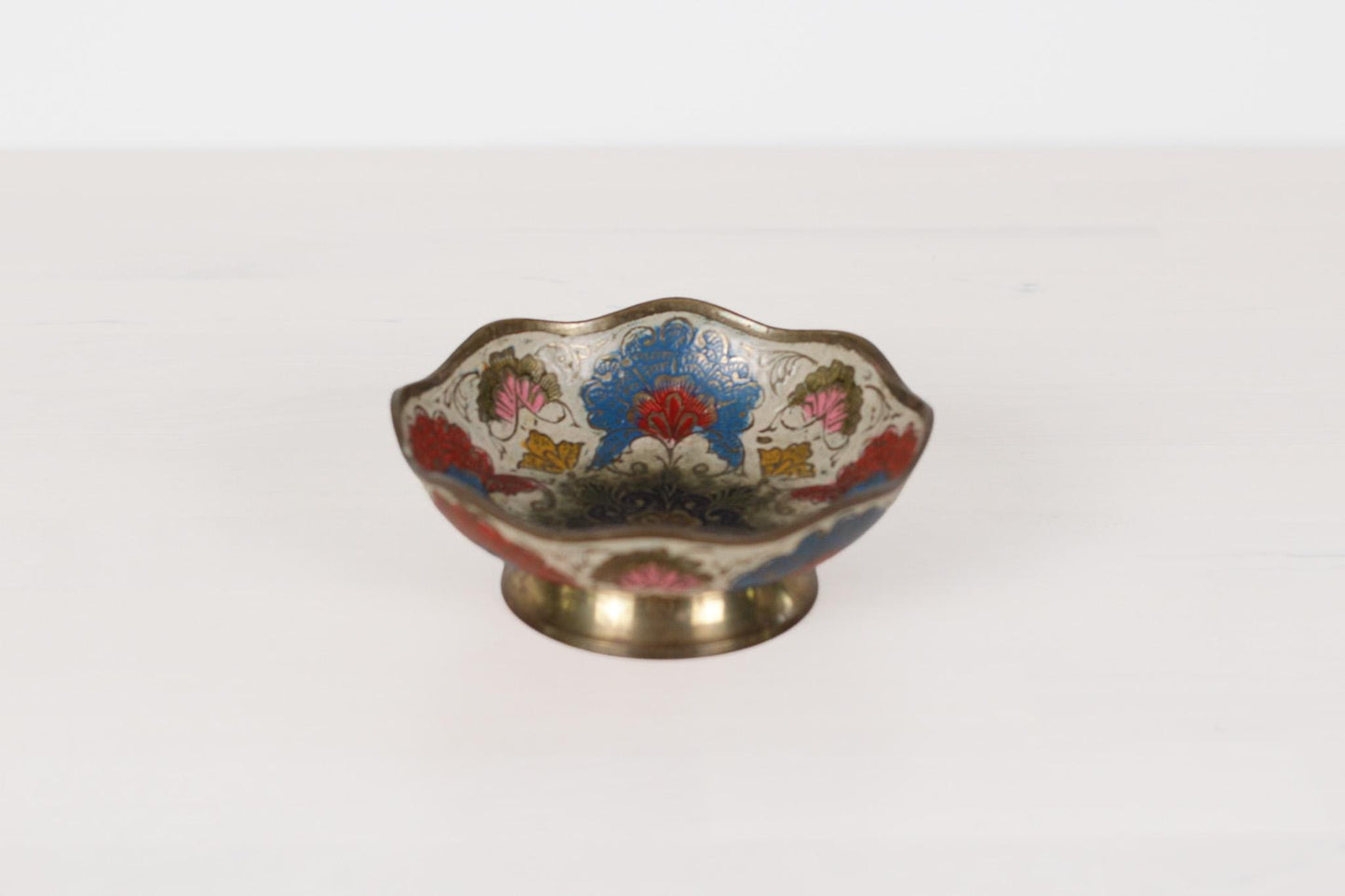Vintage Enameled Brass Pedestal Bowl with Hand Painted Florals