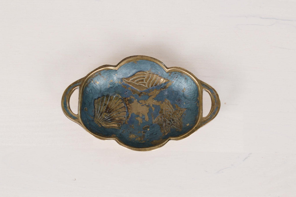 Vintage Enameled Brass Trinket Dish with Sea Shell Motifs